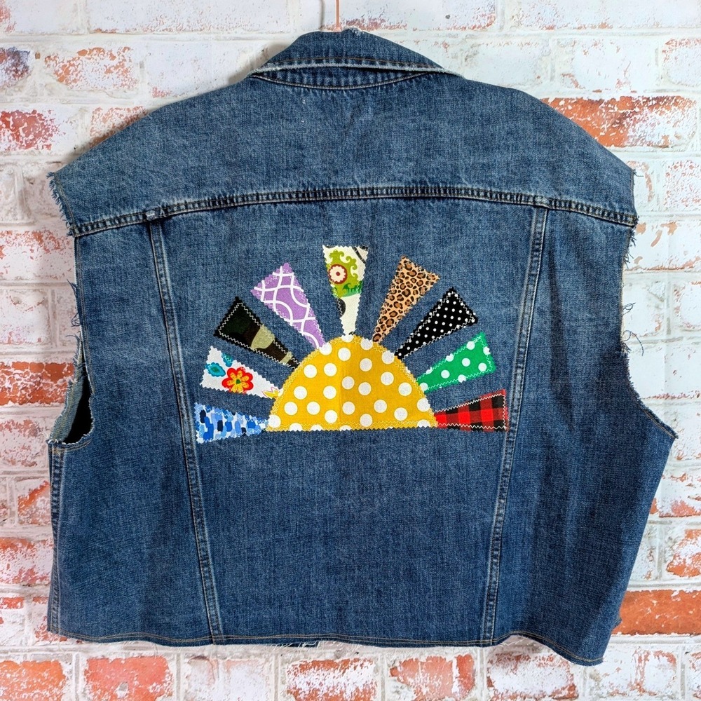 Sunnie Beth Denim Vest Women 2XL Blue Patchwork‎ Sun Boho Jean Jacket Handmade